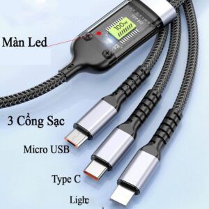 Dây Cáp Sạc Nhanh 3 Đầu 100W Dài 1m2 Hỗ Trợ Sạc Nhanh 3 Trong 1 dây bọc dù Chống Đứt, Chống Rối